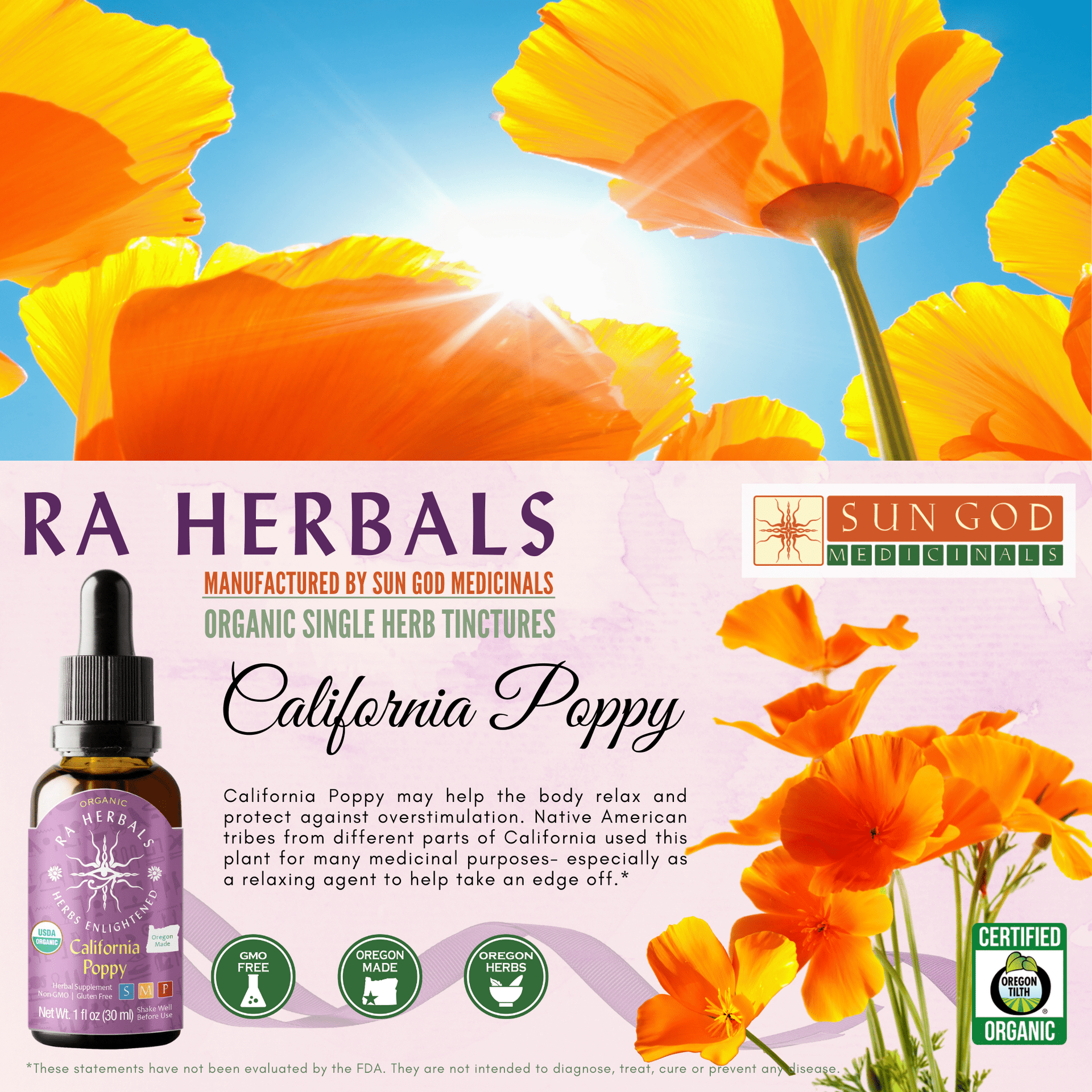 Ra Herbals Certified Organic California Poppy Tincture - Sun God Medicinals